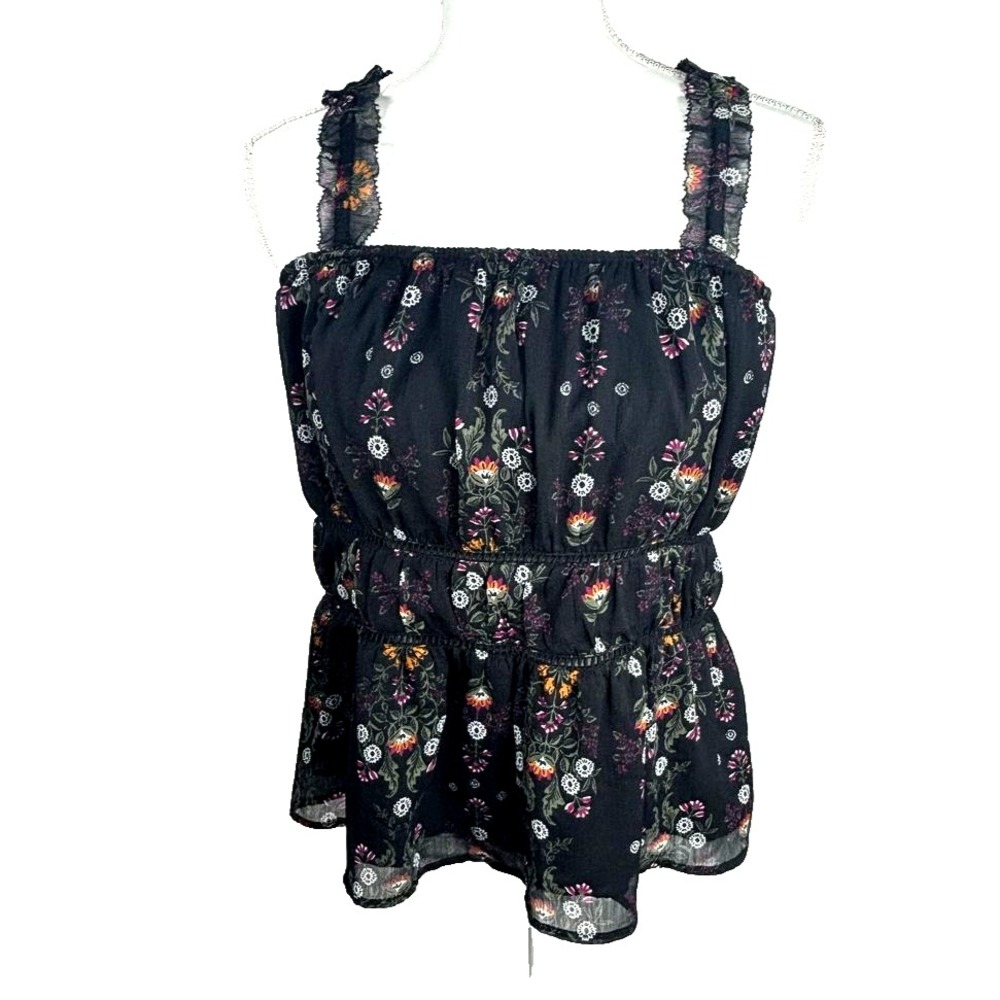 Y2K Babydoll Floral Cami Top Black Fairy Grunge Goth Cottagecore Sz L